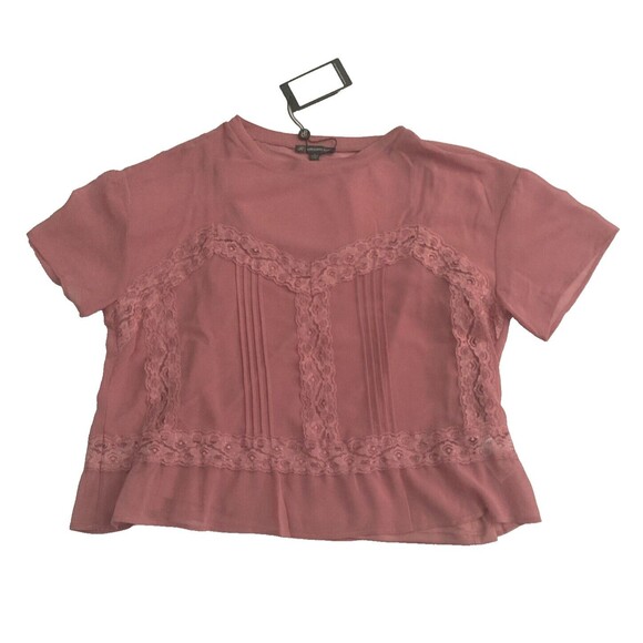 Adrianna Papell Sheer Lace Blouse Size SMALL Rose Pink Retro Mesh Coquette - Picture 1 of 11